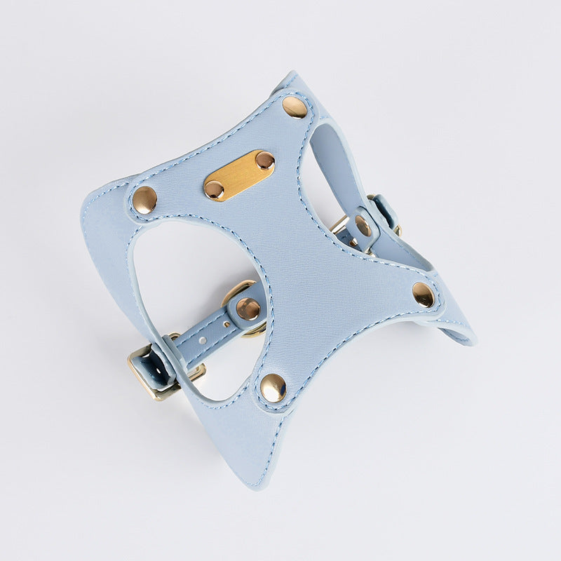 Elegant Leather Dog Harness and Leash Set – Pink / Blue / Yellow