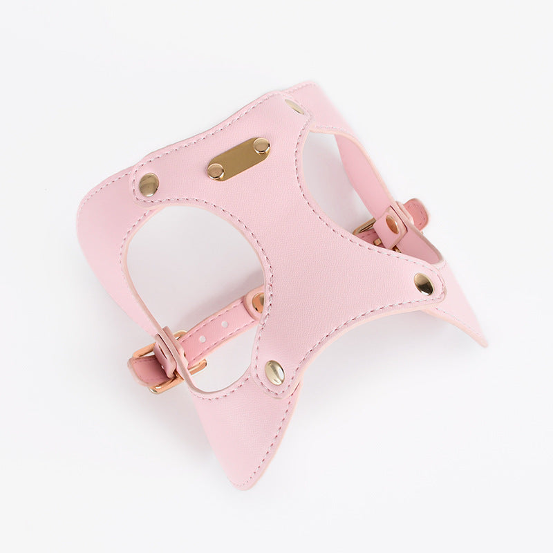 Elegant Leather Dog Harness and Leash Set – Pink / Blue / Yellow