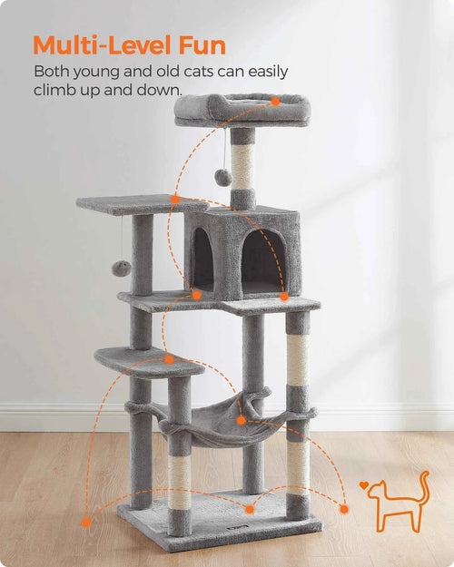 56.3" Multi-Cat Tree Tower Hammock, Condo & Scratching Posts for Indoor Cats