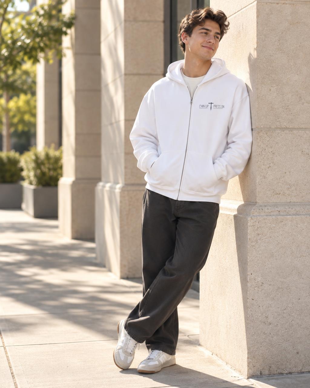 Man wearing a white CHIN UP PRESS ON zip hoodie.