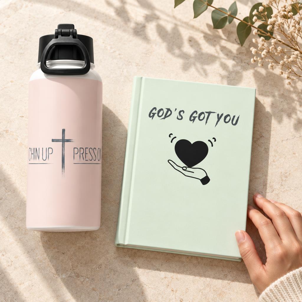 Pastel pink-panel straw-lid water bottle printed with CHIN UP ✝ PRESS ON beside a mint GOD'S GOT YOU journal with a solid black heart on warm cream stone.