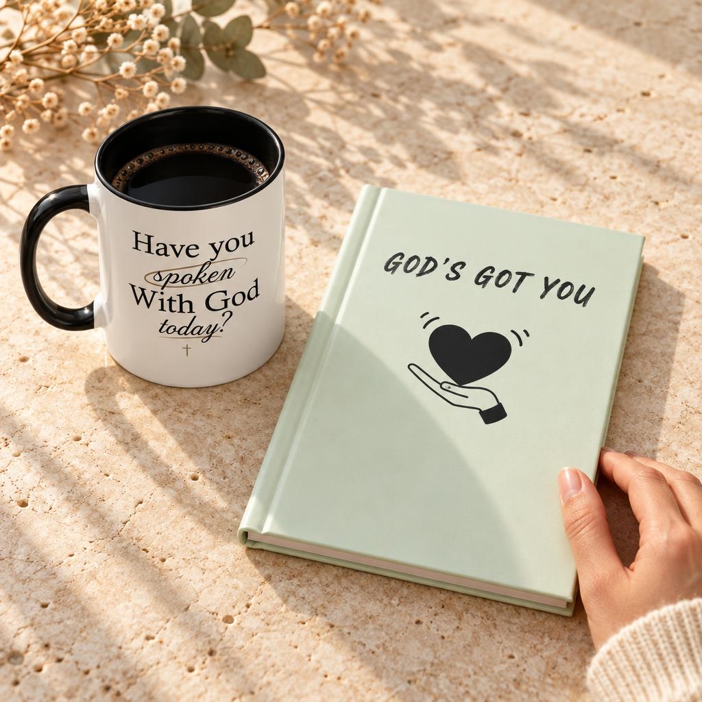 White mug printed with 'Have you spoken With God today? †' beside a mint GOD'S GOT YOU journal with a solid black heart and hand illustration on warm cream stone.